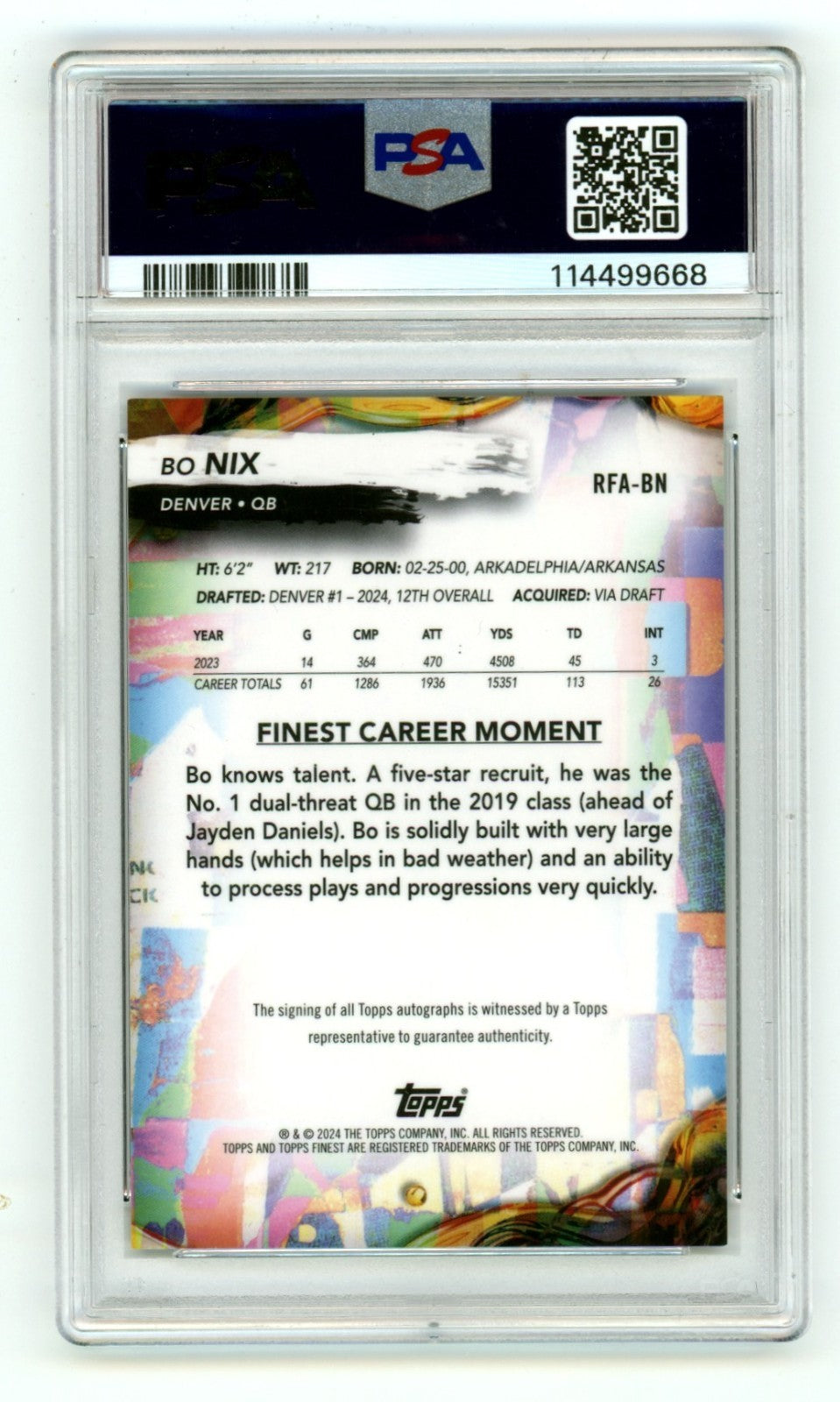 Bo Nix 2024 Topps Finest Rookie Auto Red Refractor #2/5 RC PSA 9 Denver Broncos1