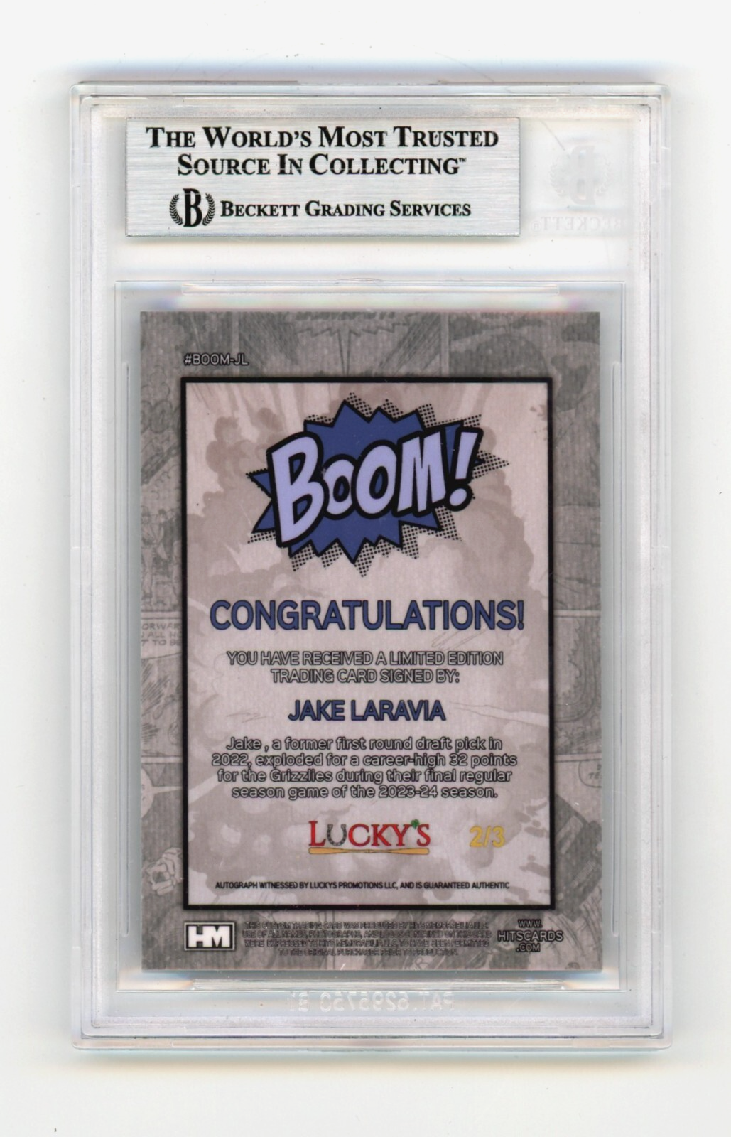 Jake LaRavia 2024 Hits Memorabilia BOOM Blue /3 Signed BGS BAS Auto Memphis1