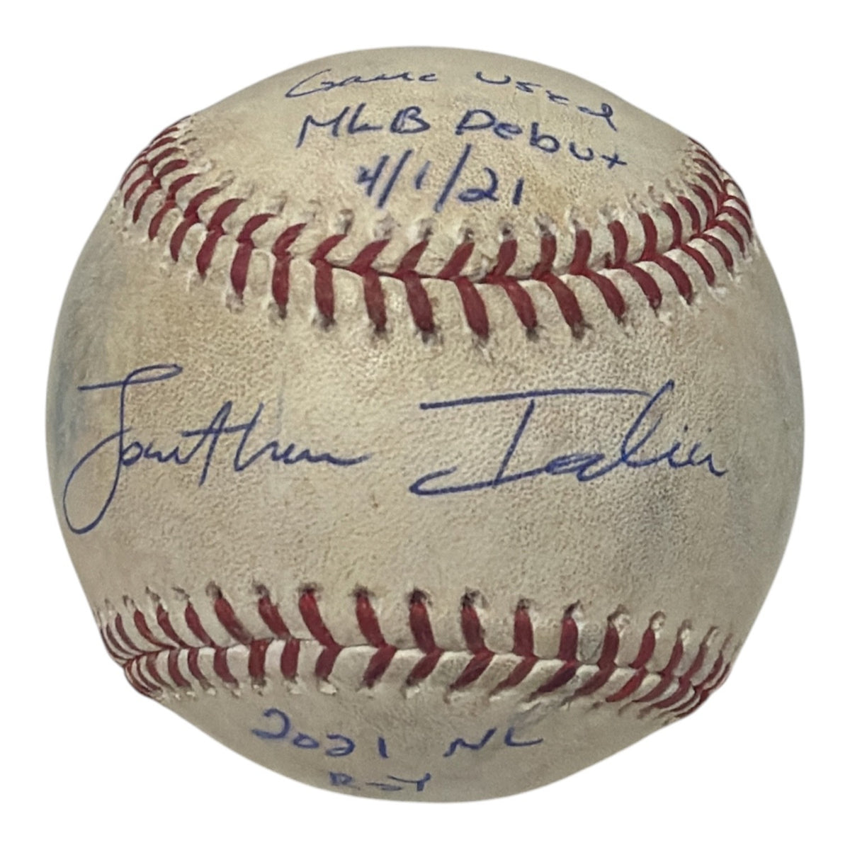 Jonathan India Signed Game Used MLB Debut Baseball 4/1/21  Insc ROY MLB PSA COA0