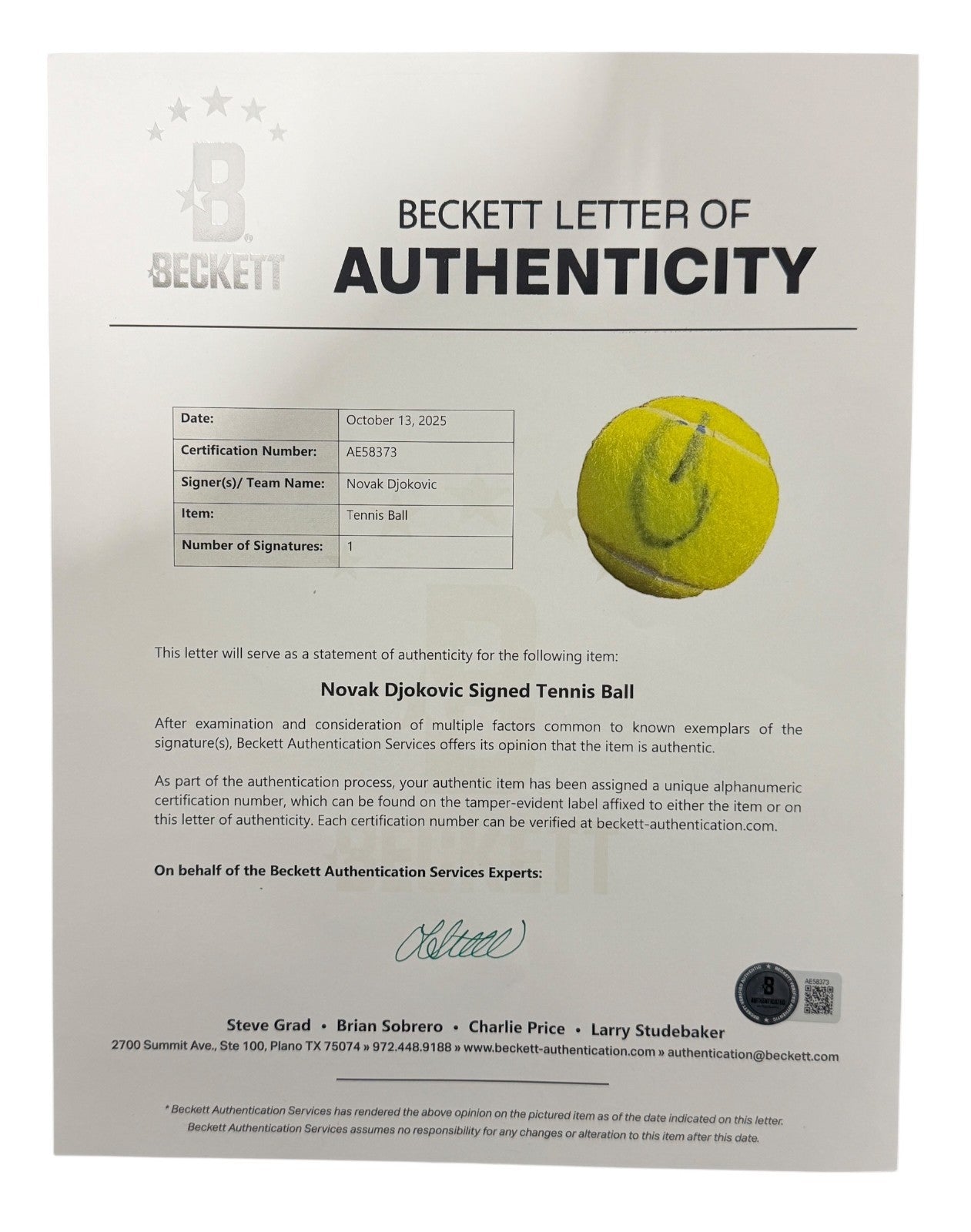Novak Djokovic Signed Autographed Wilson US Open Tennis Ball Beckett BAS COA B2