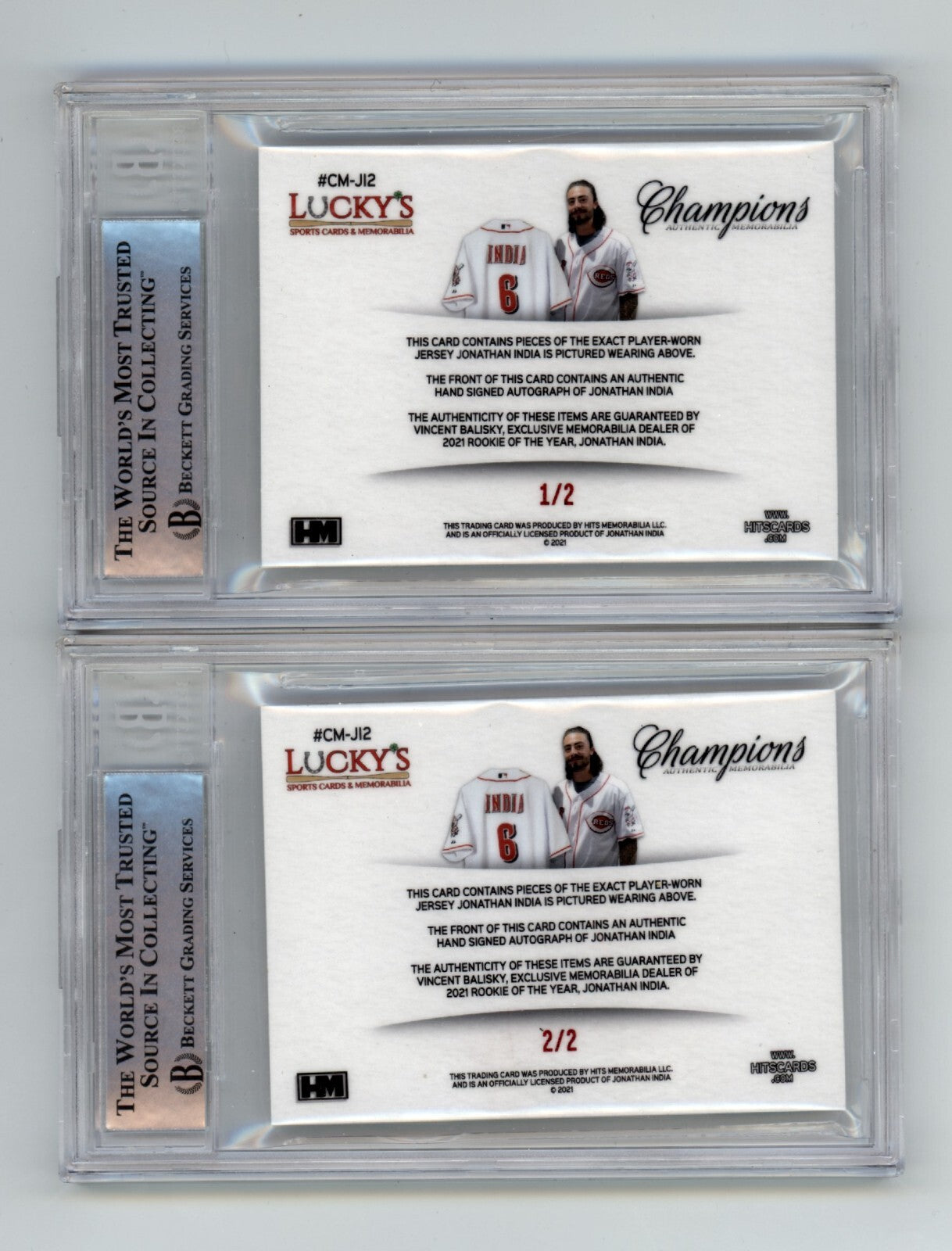 Jonathan India 2021 Hits Memorabilia Champions Red Patch Dual Auto RC /2 BGS BAS1