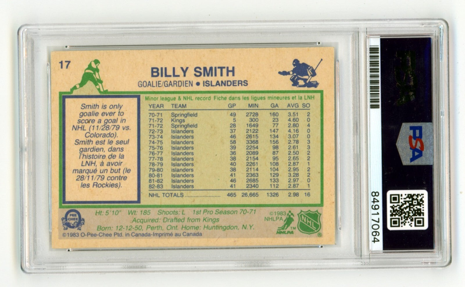 Billy Smith 1983-84 O-Pee-Chee OPC #17 Signed PSA Authentic Blue Auto1