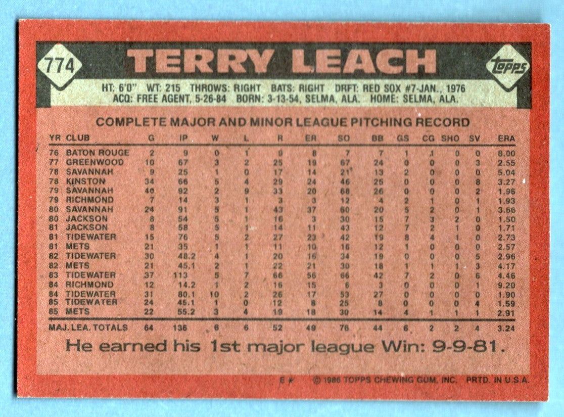 Terry Leach Signed 1986 Topps #774 Rookie RC w/ 86 WSC LSCM COA NY Mets1