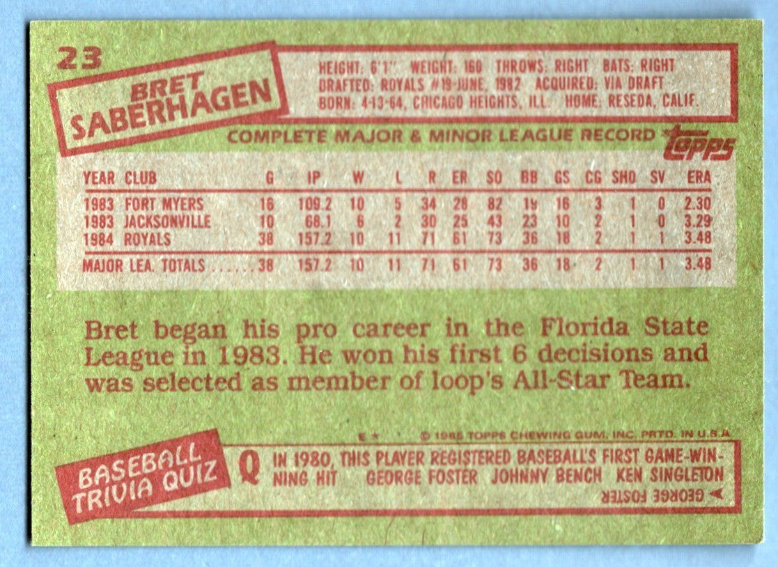 Bret Saberhagen Signed 1985 Topps #23 Rookie RC LSCM COA Kansas City Royals1