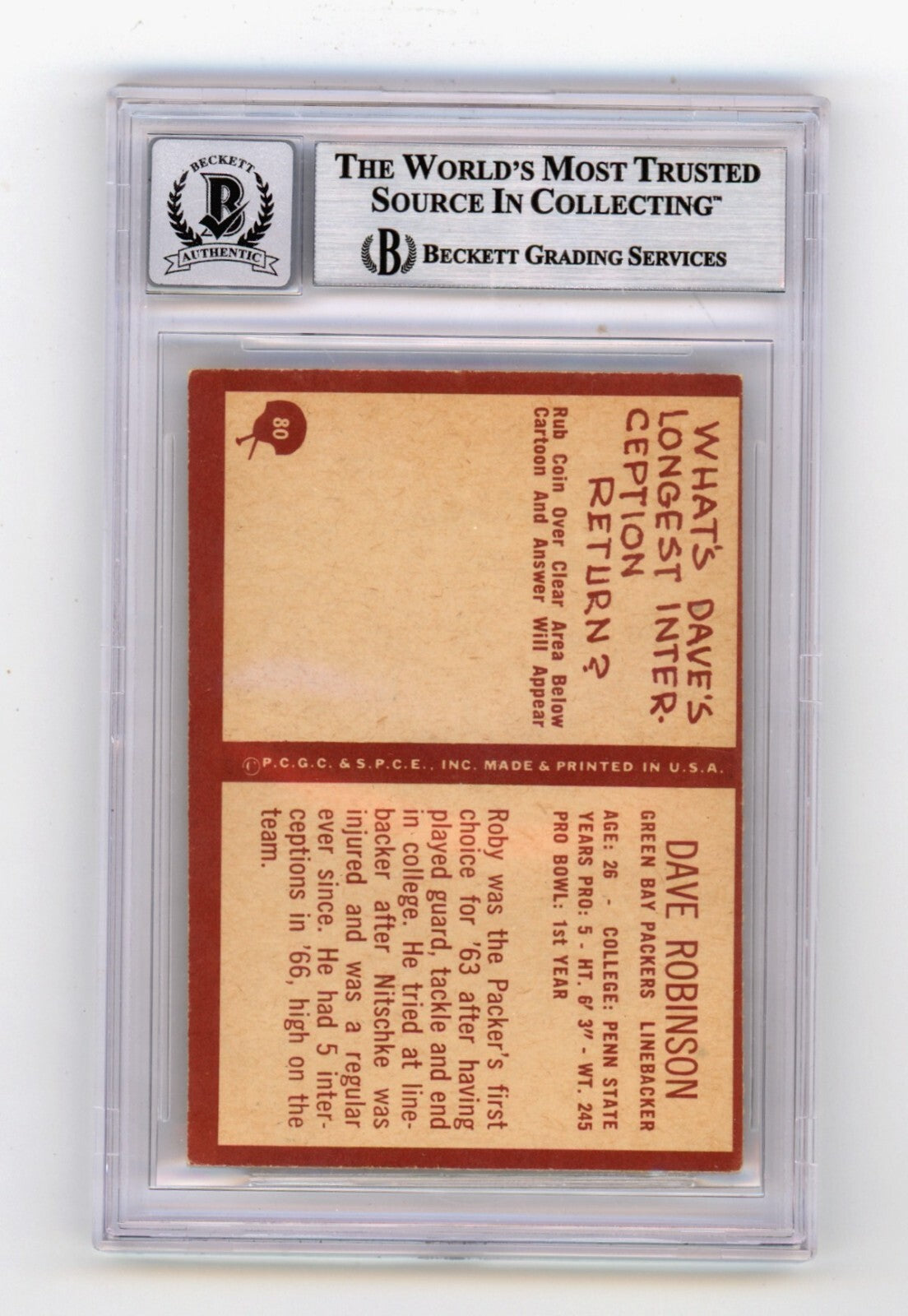 Dave Robinson 1967 Philadelphia #80 Signed Rookie RC w 3 Insc HOF BGS 10 Auto B1