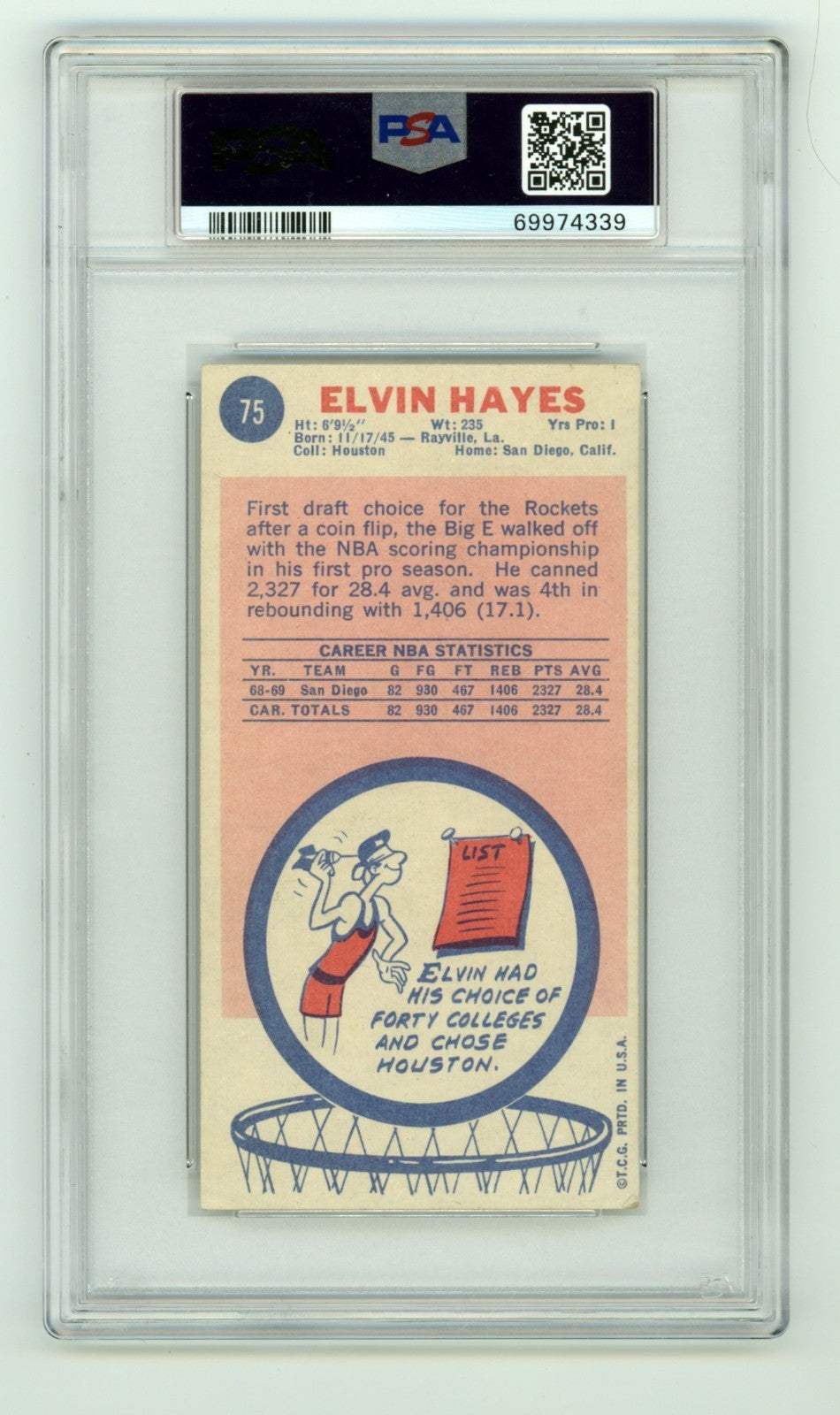Elvin Hayes 1969-70 Topps 98 Tall Boy Rookie RC 2 Insc Signed Auto PSA 4 10 Auto1