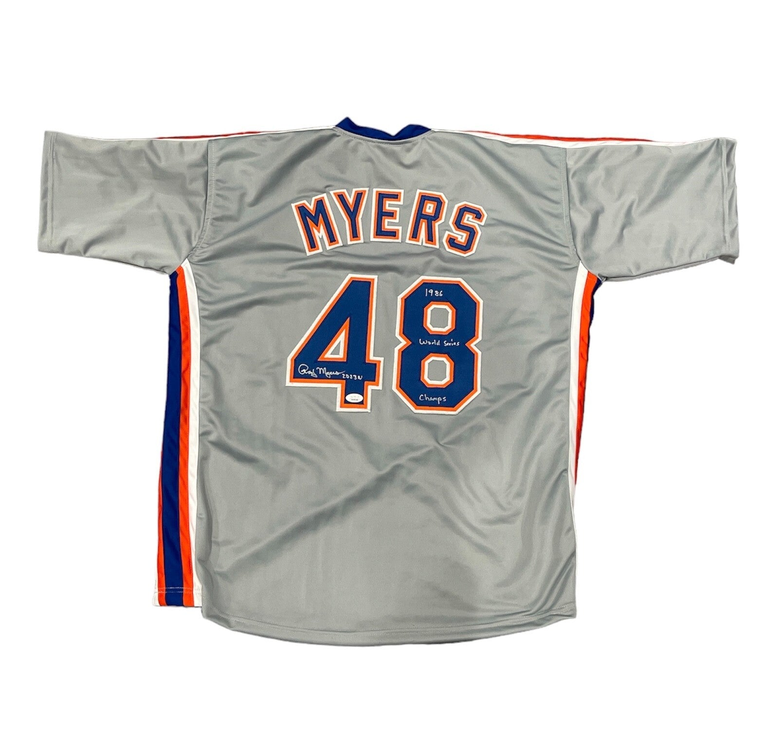 Randy Myers Signed NY Mets Custom Jersey w/ 1986 WS Champs Beckett BAS COA0