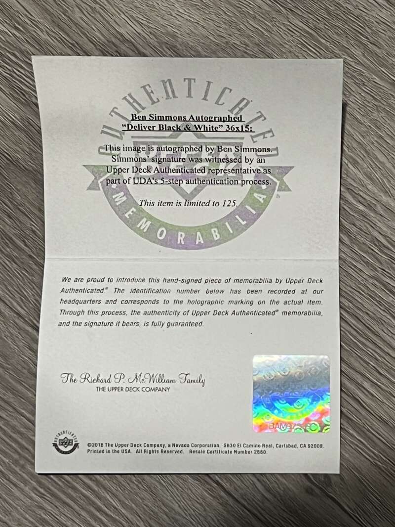 Ben Simmons Signed 36x15 Photo B&W "Deliver" 112/125 Upper Deck UDA COA2