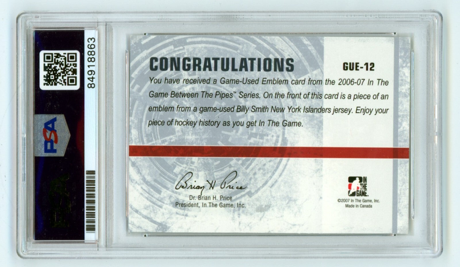 Billy Smith 2007-08 ITG Between the Pipes #GUE-12 Signed Patch Auto PSA Auto1