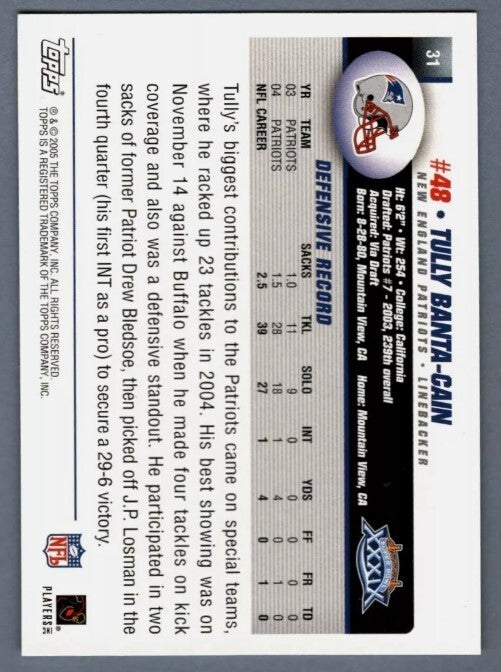 Tully Banta-Cain 2005 Topps Super Bowl #31 w/ SB XXXIX Ins LSCM COA Patriots1
