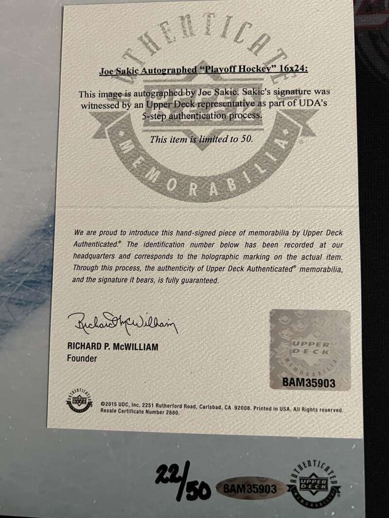 Joe Sakic Signed Auto 16x24 Photo "Playoff Hockey" 22/50 Upper Deck UDA COA2