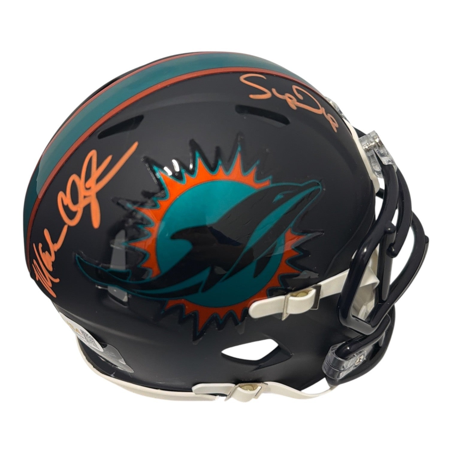 Mark Clayton & Mark Duper Dual Signed Dolphins Rivalries Mini Helmet JSA Wit COA0