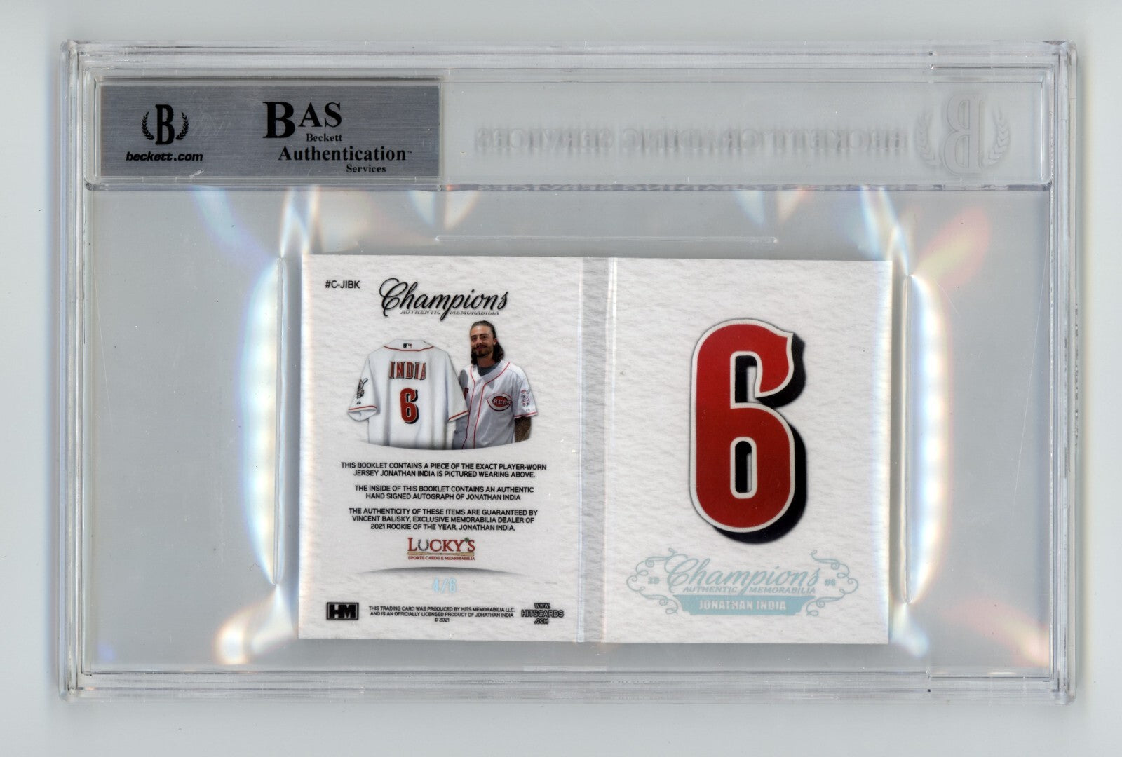 Jonathan India 2021 Hits Memorabilia Champions Letter Patch Auto Booklet #/6 BGS7