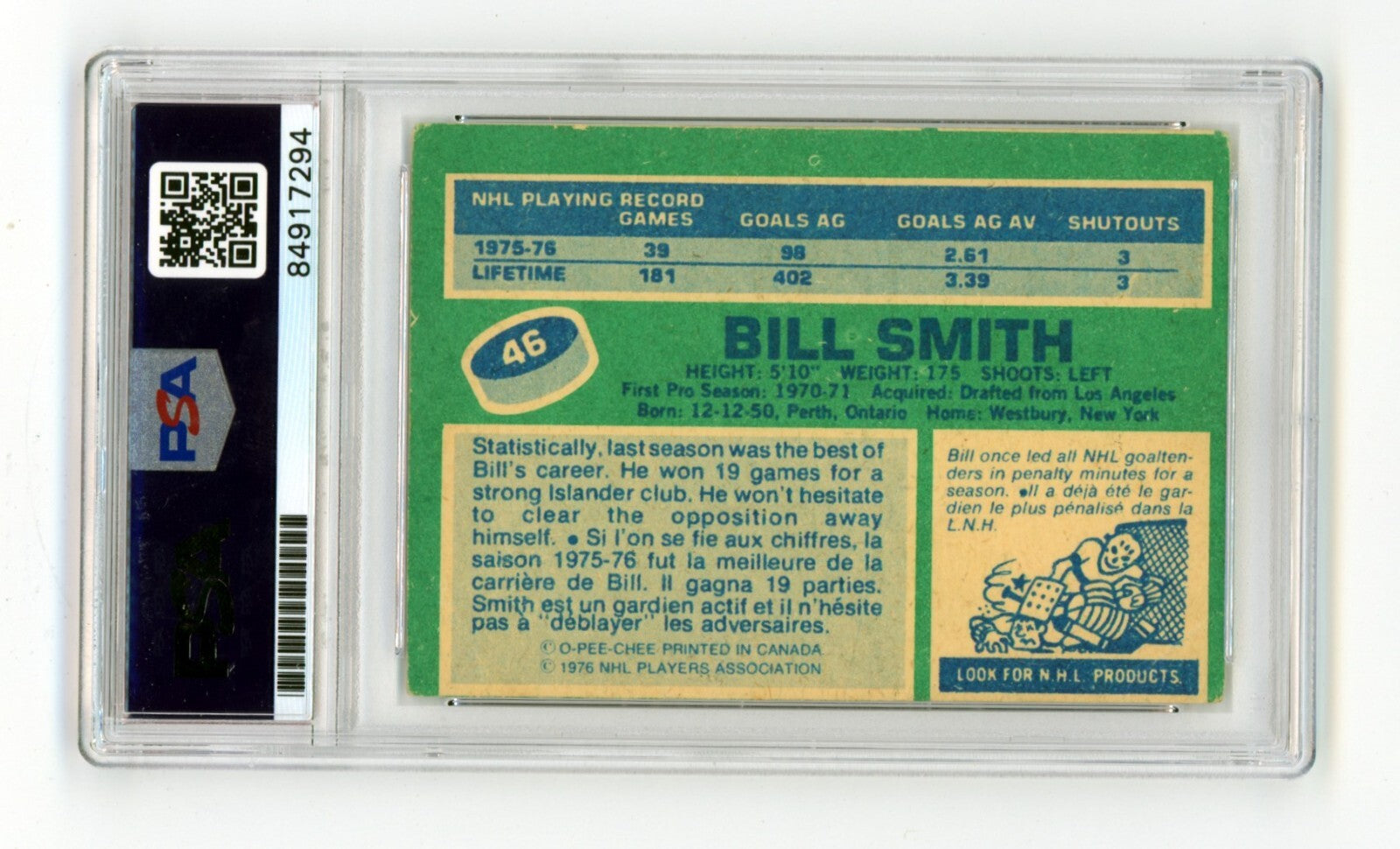 Billy Smith 1976-77 O-Pee-Chee OPC #46 Signed PSA Authentic Blue Auto NYI HOF1