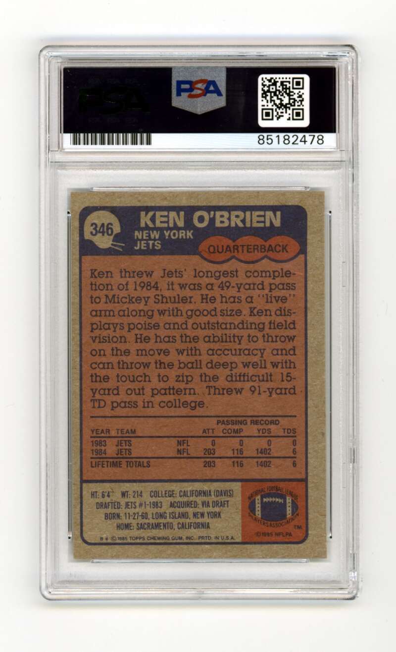 Ken O'Brien 1985 Topps #346 Rookie RC Signed PSA Authentic Auto New York Jets1