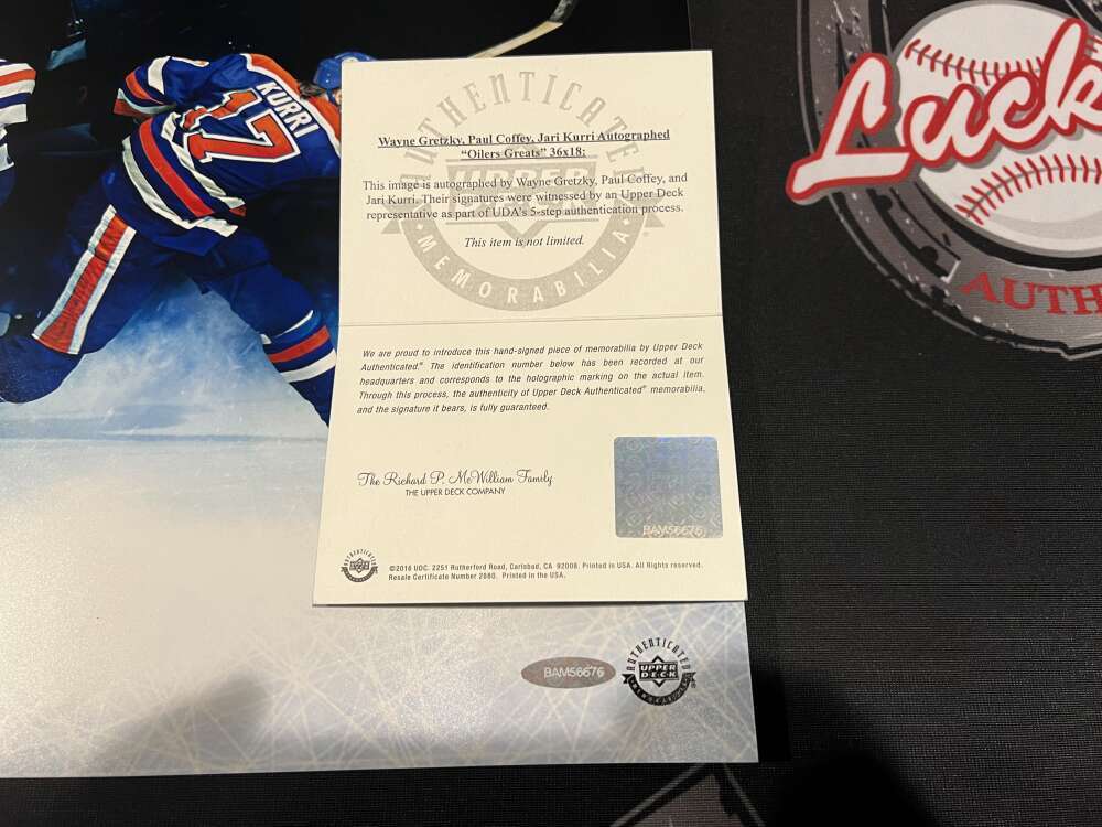 Wayne Gretzky Paul Coffey Jari Kurri Triple Signed Auto 36x18 Photo UDA COA4