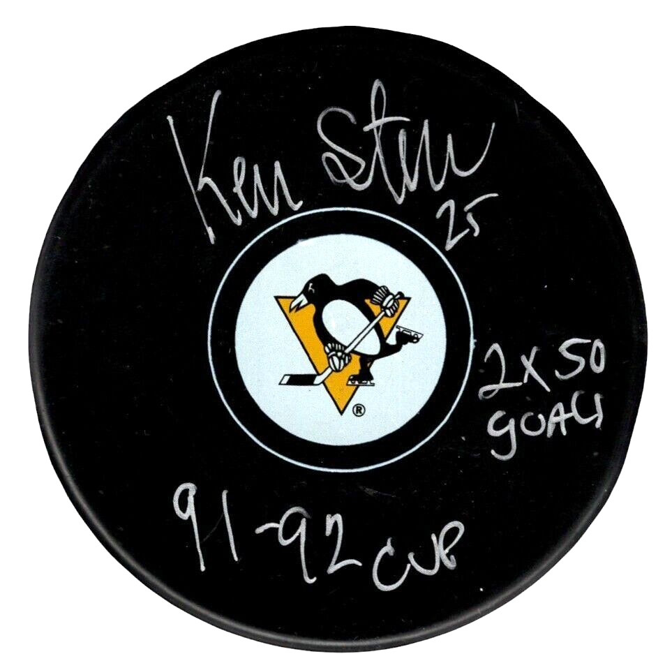 Kevin Stevens Signed Penguins Puck w/ 91-92 Cup 2x 50 Goal Beckett Wit BAS COA0