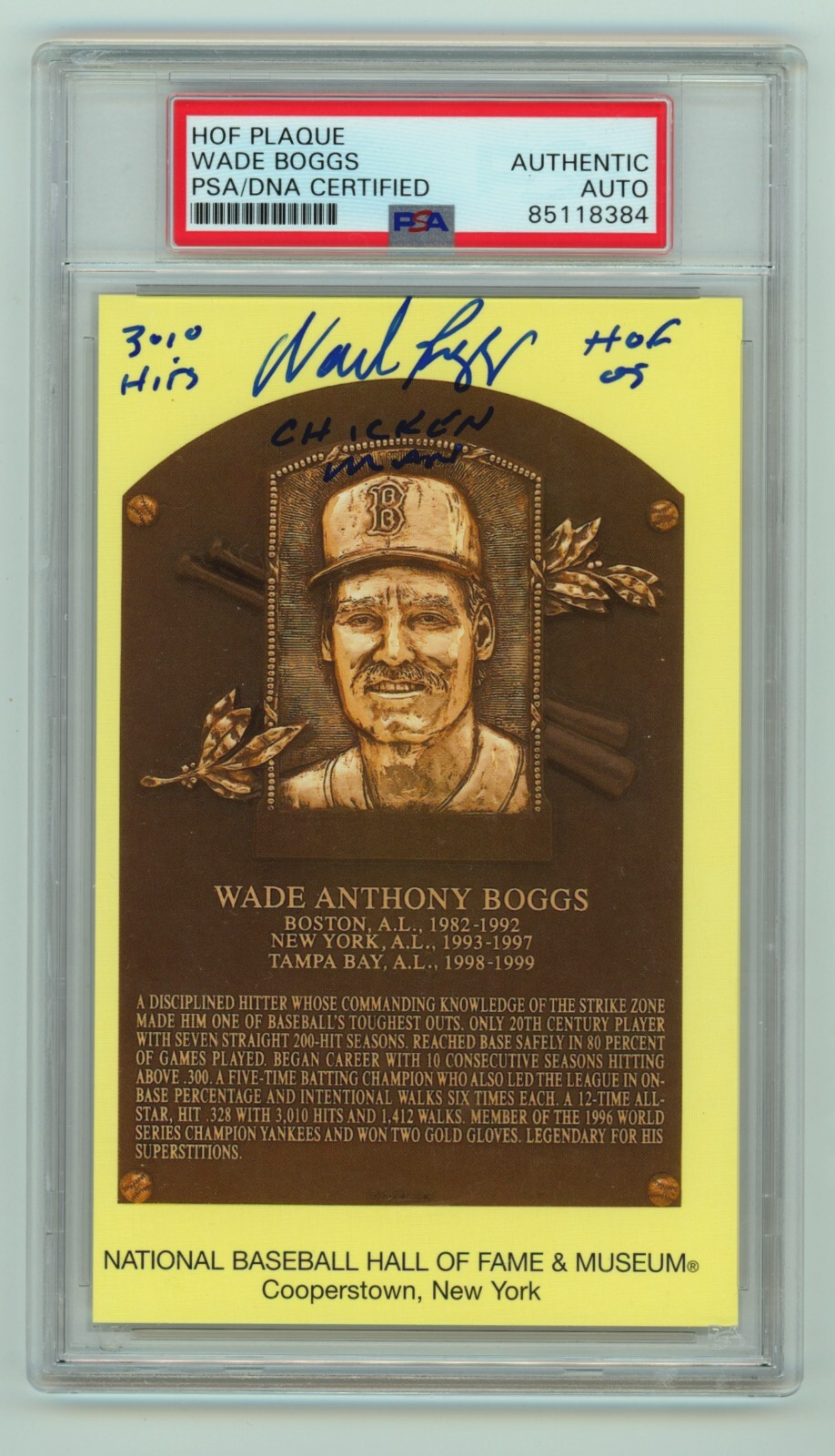 Wade Boggs Signed Yellow HOF Plaque Post Card w/ 3 Insc. PSA Authentic Auto0