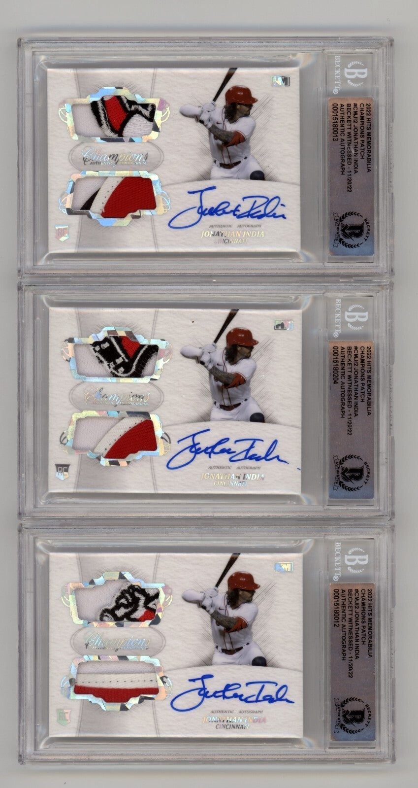 Jonathan India 2021 Hits Memorabilia Champions Ice Patch Dual Auto RC /3 BGS BAS0