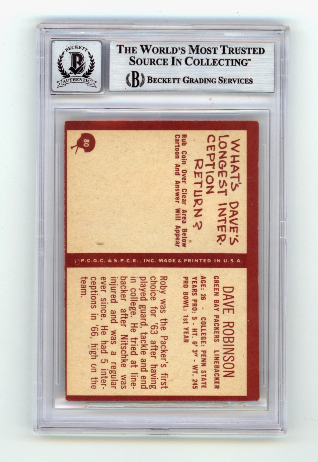 Dave Robinson 1967 Philadelphia #80 Signed Rookie RC w 3 Insc HOF BGS 10 Auto C1