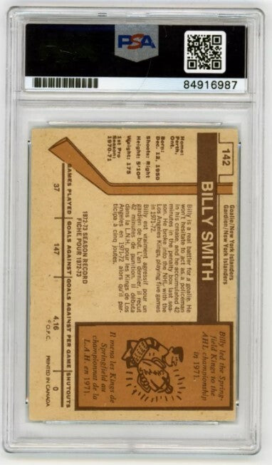 Billy Smith 1973-74 O-Pee-Chee OPC Rookie RC #142 Signed PSA 10 Auto w/ 4 Insc B1