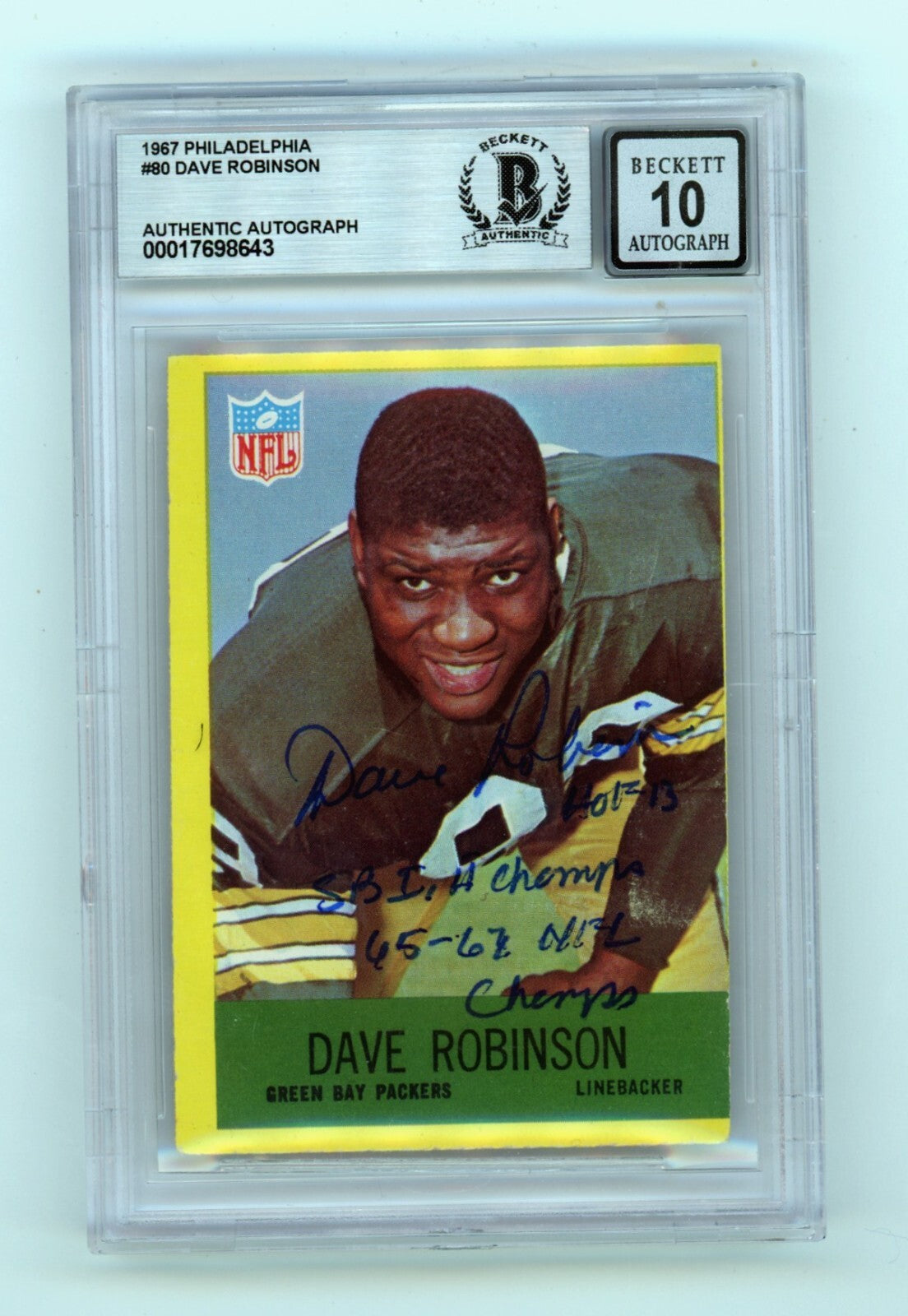 Dave Robinson 1967 Philadelphia #80 Signed Rookie RC w 3 Insc HOF BGS 10 Auto D0