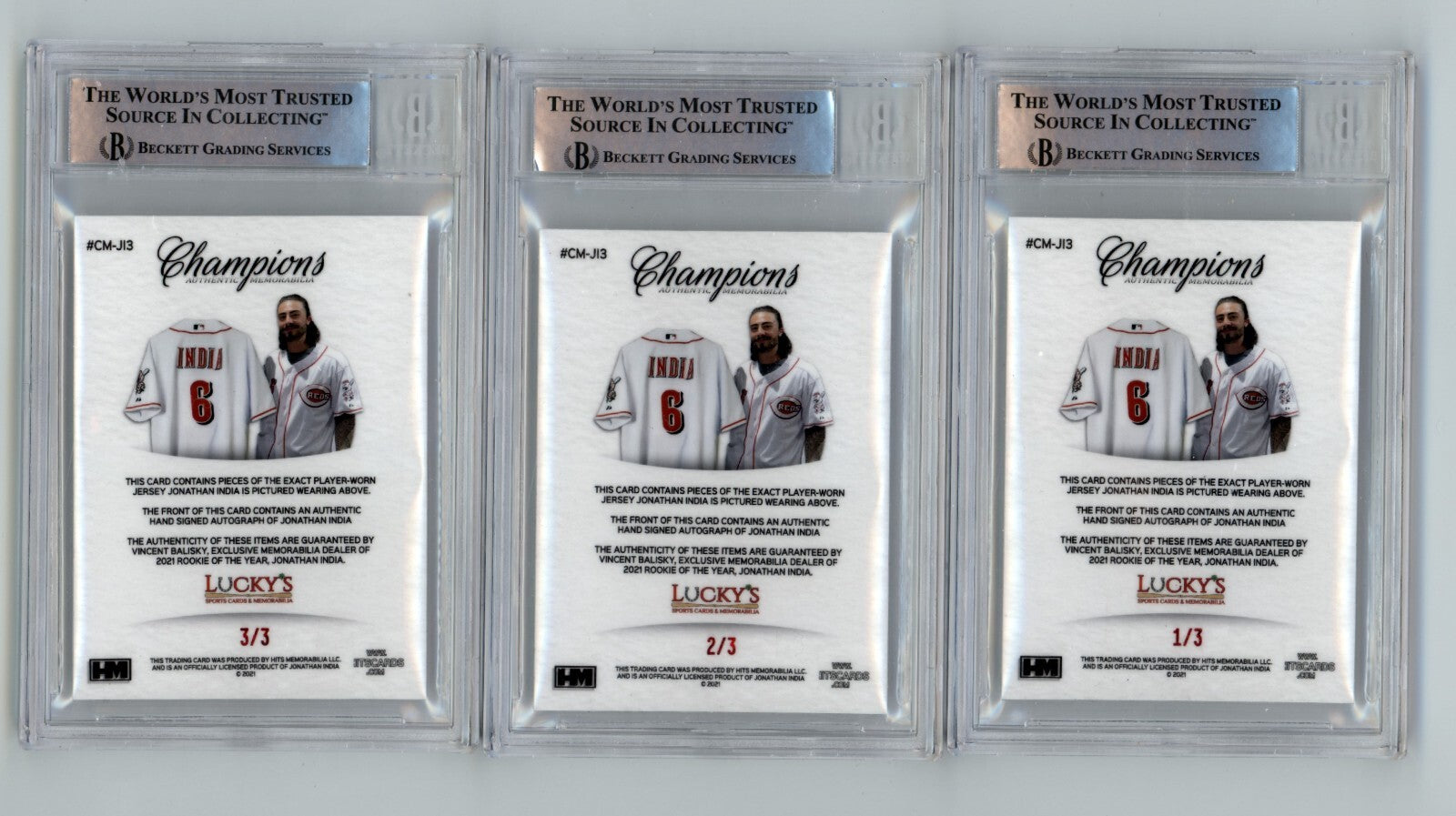 Jonathan India 2021 Hits Memorabilia Champions Red Patch Dual Auto RC /3 BGS BAS1