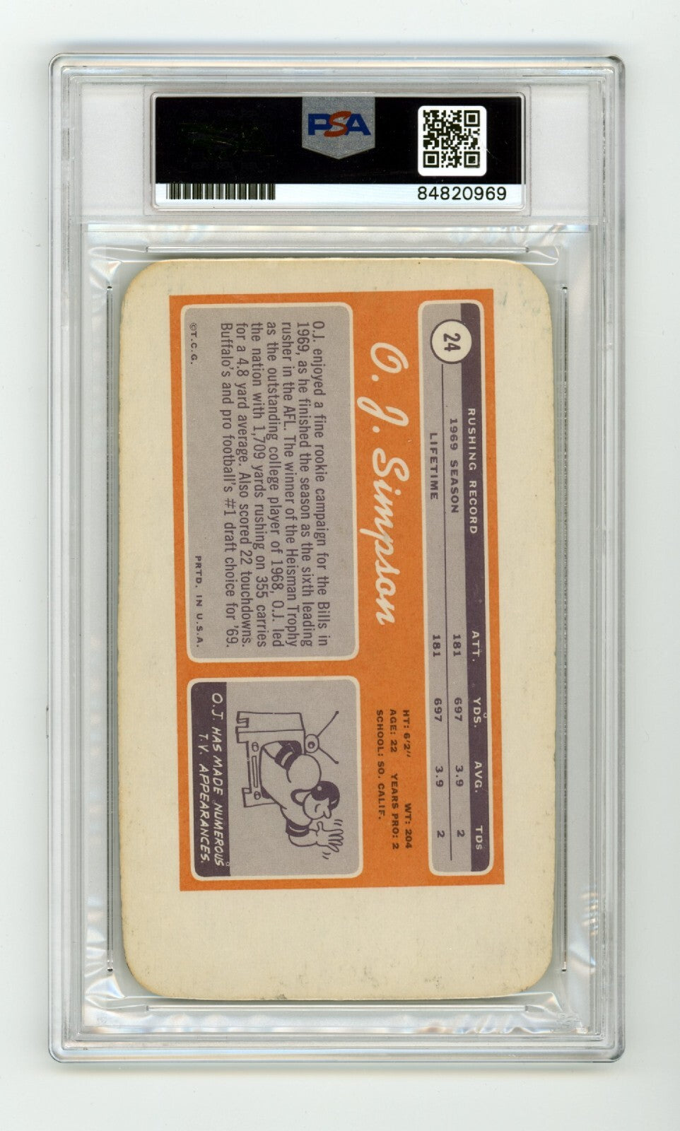 O.J. Simpson 1970 Topps Super 22 Rookie RC Signed PSA Authentic Auto Bills HOF A1