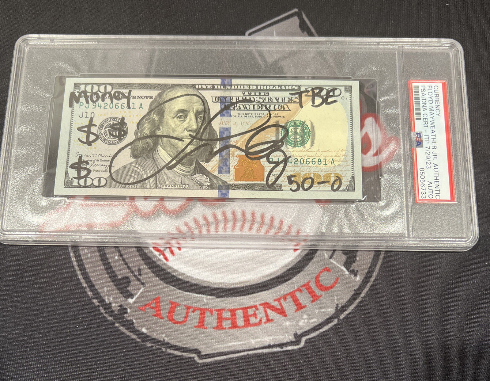 Floyd Mayweather Jr. Signed $100 Bill US Currency x4 Inscription PSA Auth Auto C0