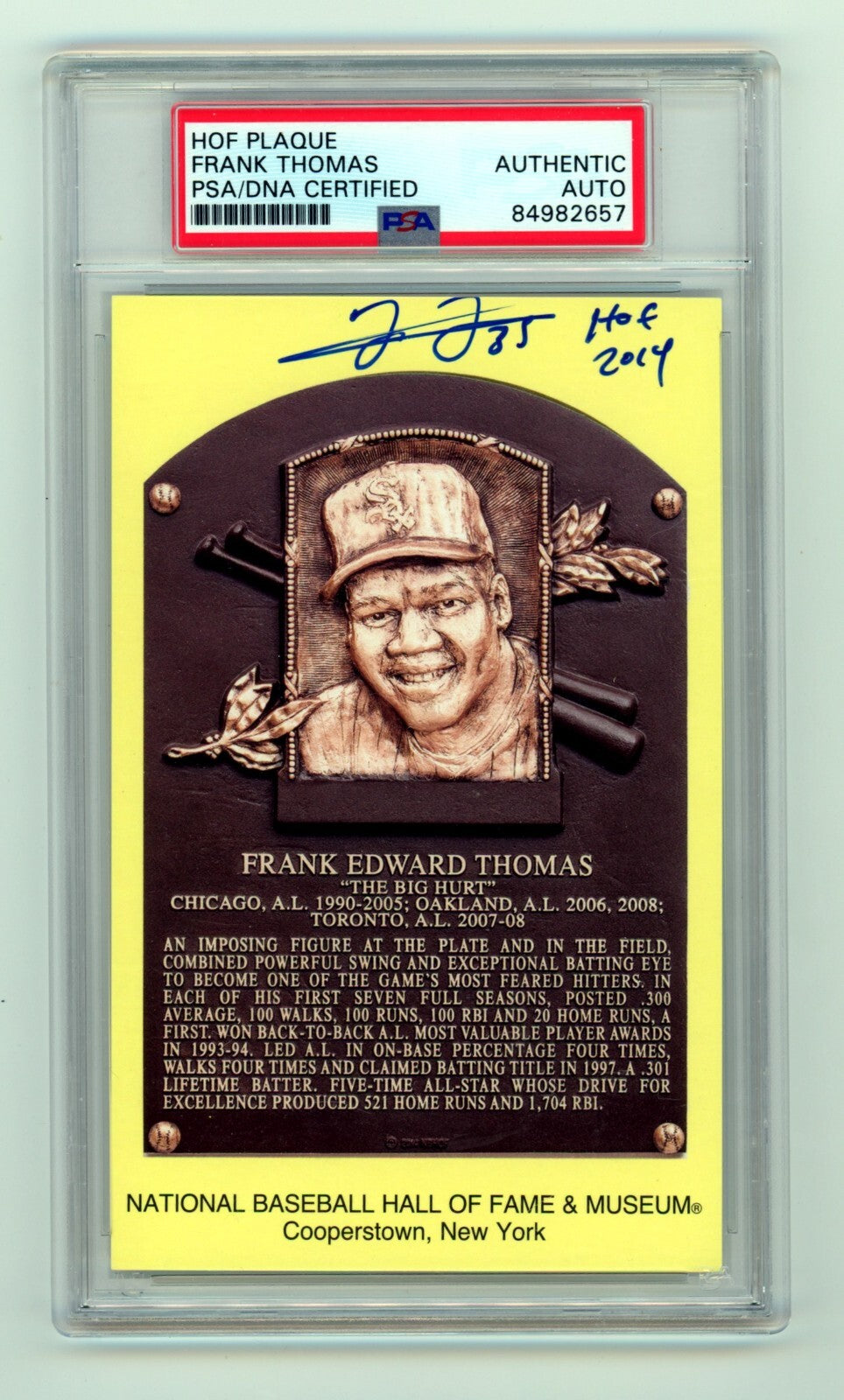 Frank Thomas Signed Yellow HOF Plaque Post Card w/ HOF 14 Insc. PSA White Sox0