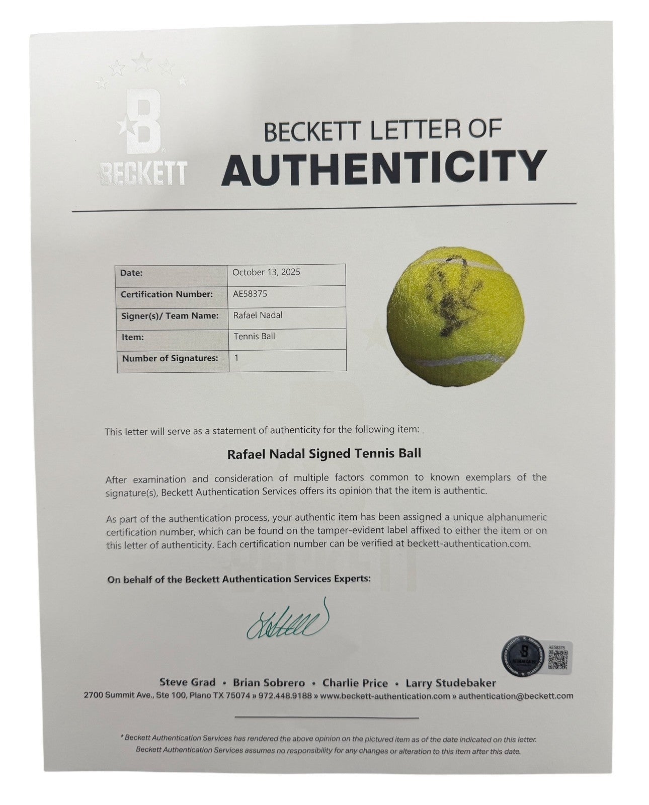 Rafael Nadal Signed Autographed PENN Tennis Ball Beckett BAS COA C2