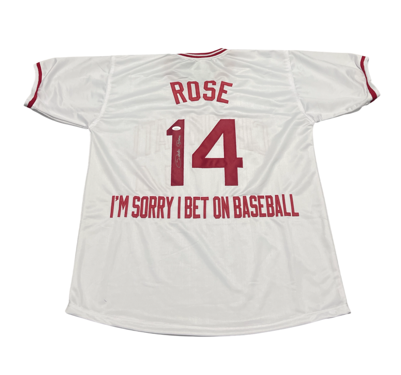 Pete Rose Signed Cincinnati Reds Custom Im Sorry I Bet Jersey JSA COA0