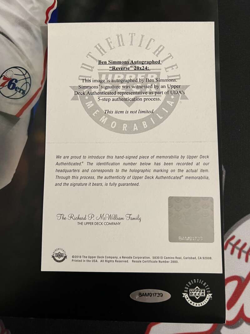 Ben Simmons Signed 20x24 Photo "Reverse" Upper Deck UDA COA 76ers Red Ink2