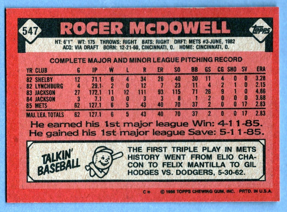 Roger McDowell Signed 1986 Topps #547 Rookie RC LSCM COA New York Mets1