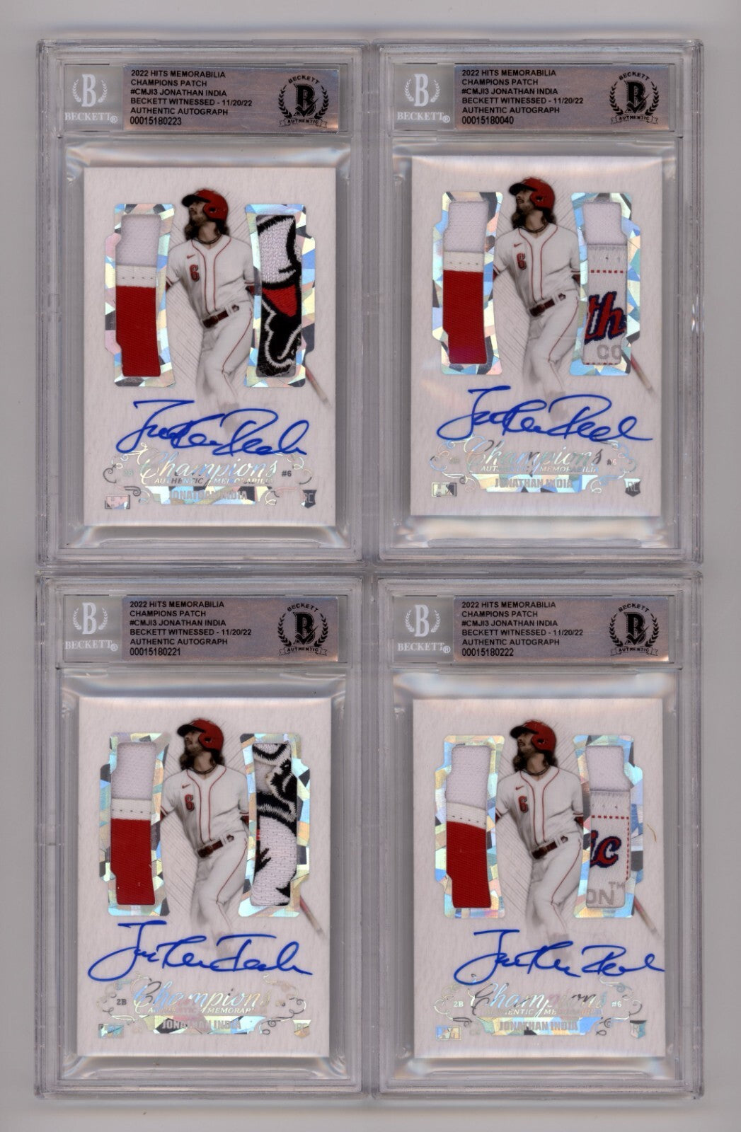 Jonathan India 2021 Hits Memorabilia Champions Ice Patch Dual Auto RC /6 BGS BAS0