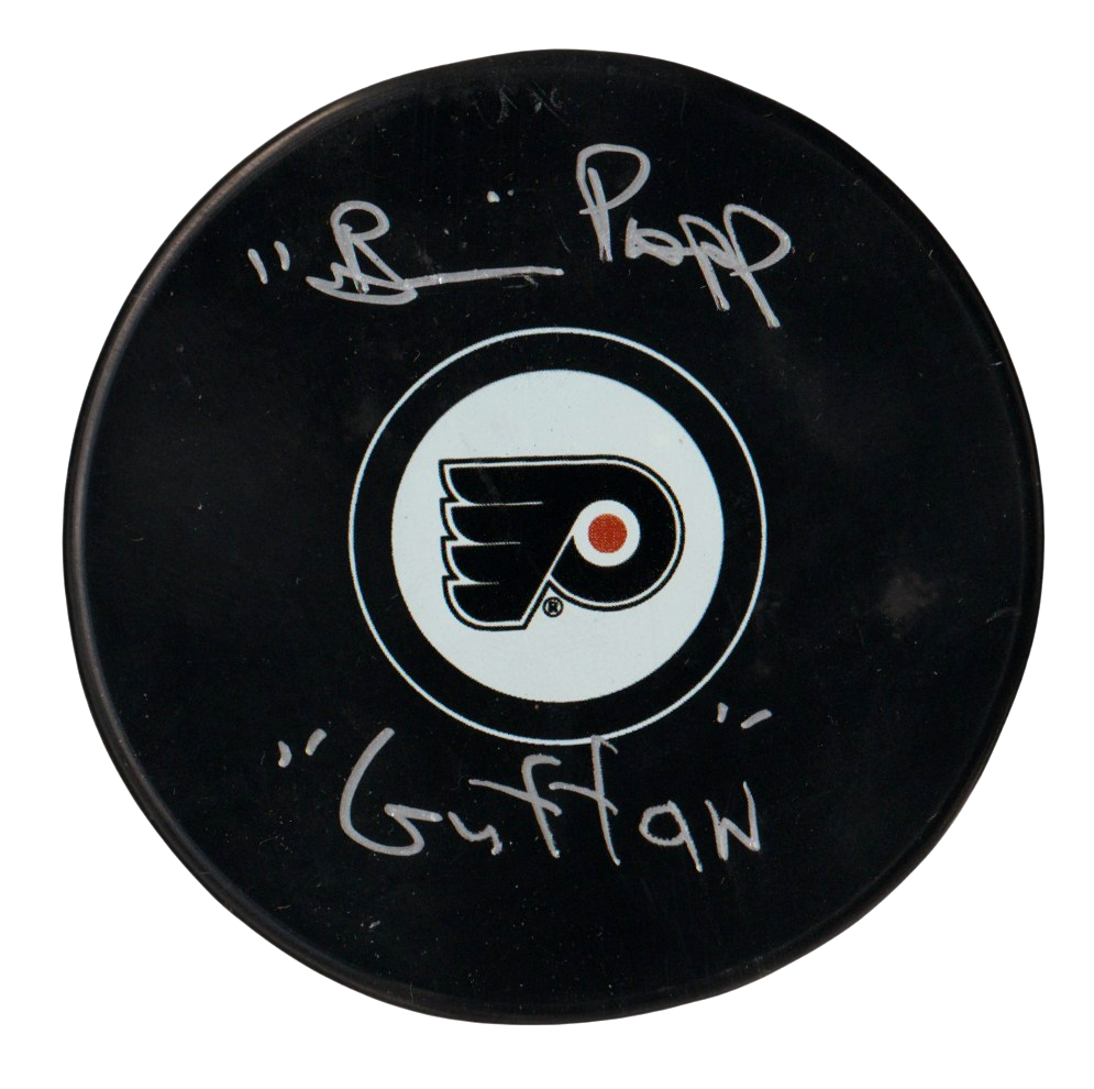 Brian Propp Signed Philadelphia Flyers Logo Puck Guffaw Beckett Witness BAS COA0