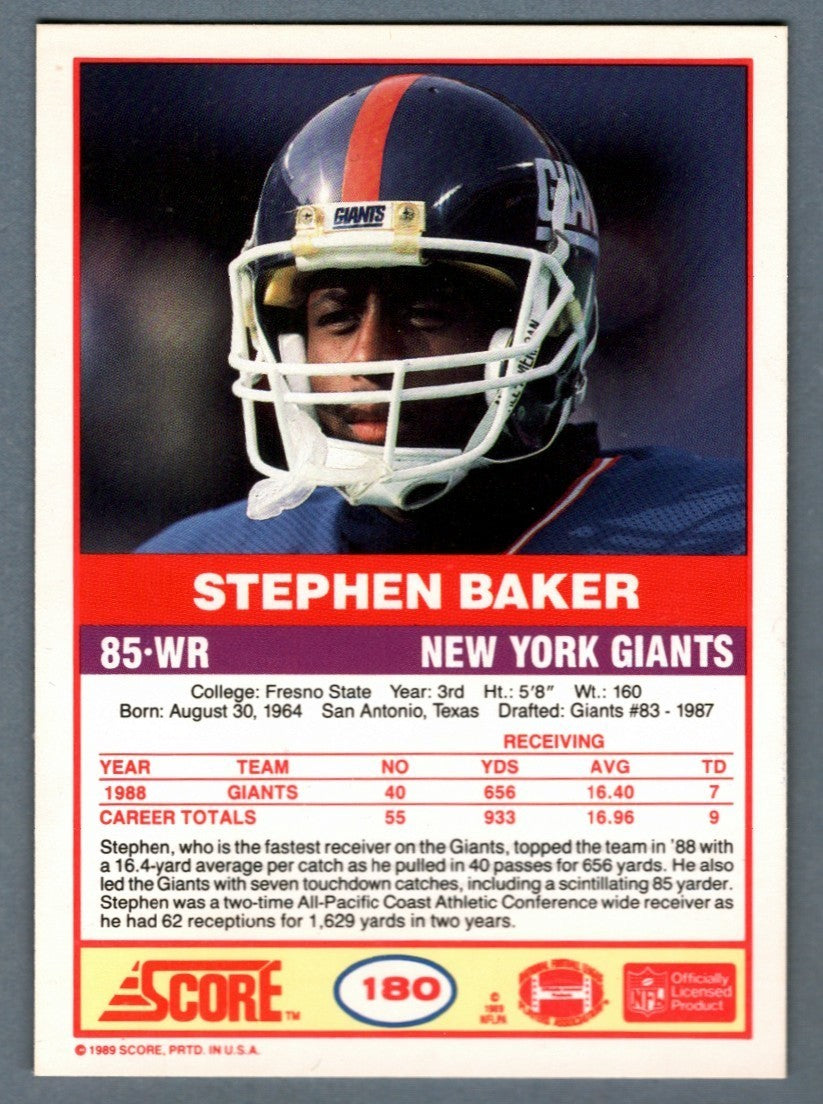 Stephen Baker Signed 1989 Score #180 w/ SB XXV Champs LSCM COA New York Giants1