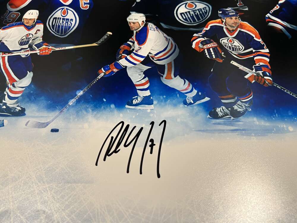 Wayne Gretzky Paul Coffey Jari Kurri Triple Signed Auto 36x18 Photo UDA COA2