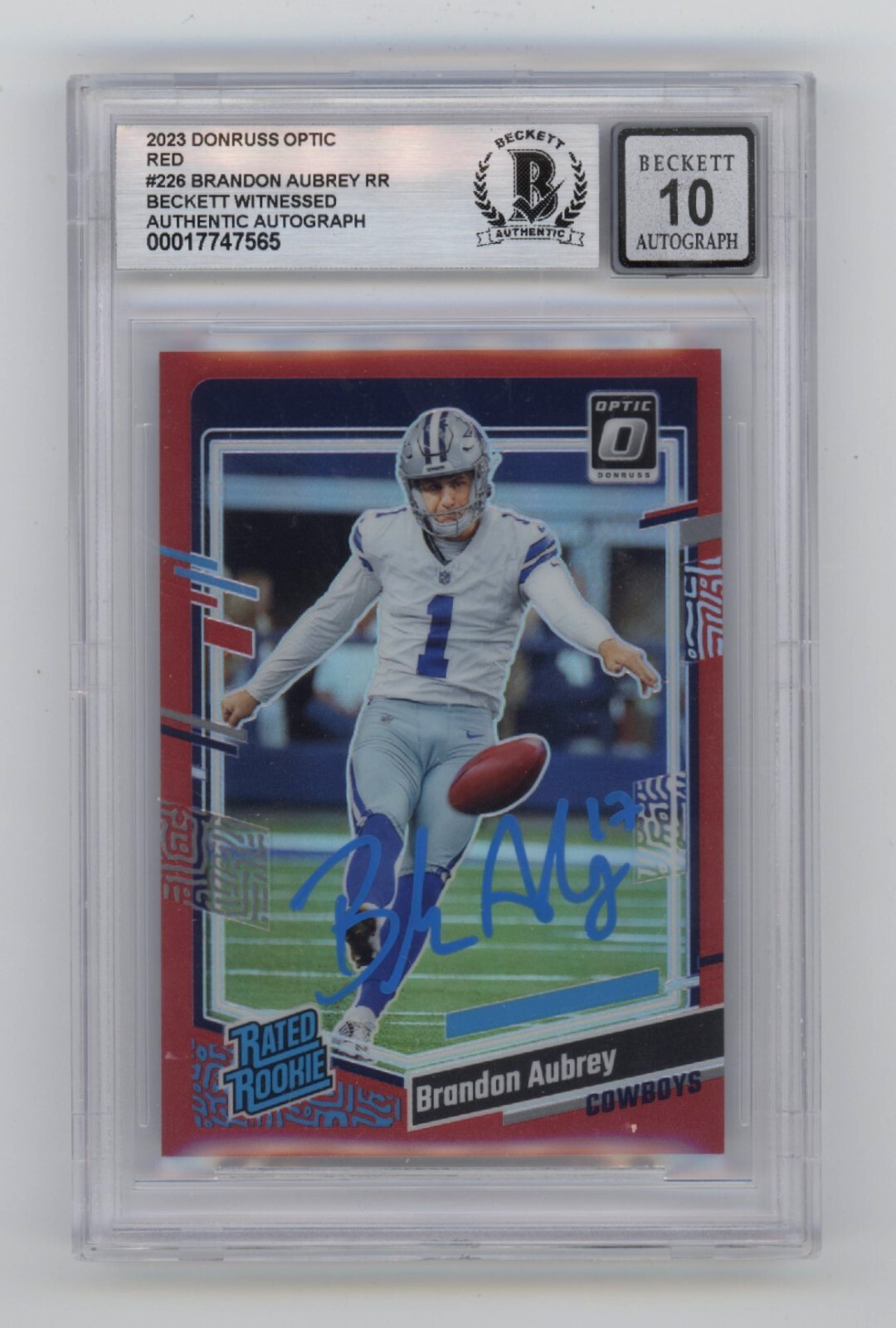 Brandon Aubrey 2023 Donruss Optic Red 226 RC #/99 Signed Beckett BGS 10 Auto0