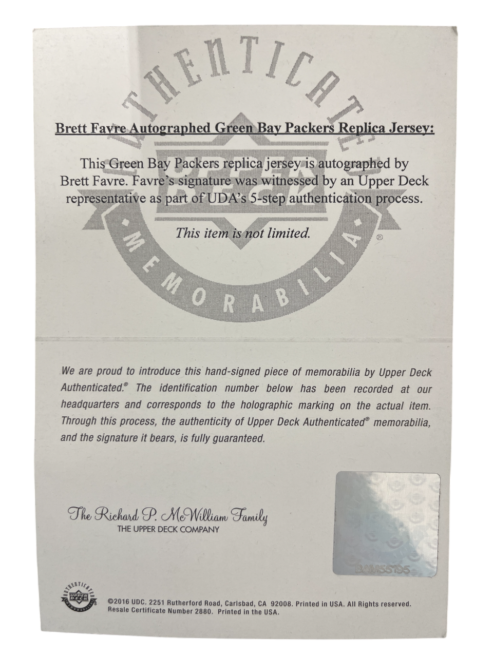 Brett Favre Signed Green Bay Packers Mitchell & Ness Jersey Upper Deck UDA COA3