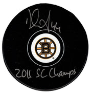Dennis Seidenberg Signed Boston Bruins Logo Puck w/ 2011 SC Champs JSA Wit. COA0