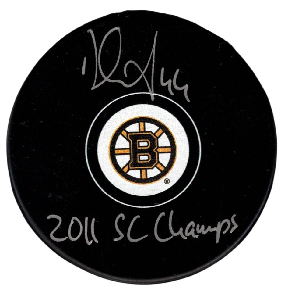 Dennis Seidenberg Signed Boston Bruins Logo Puck w/ 2011 SC Champs JSA Wit. COA0