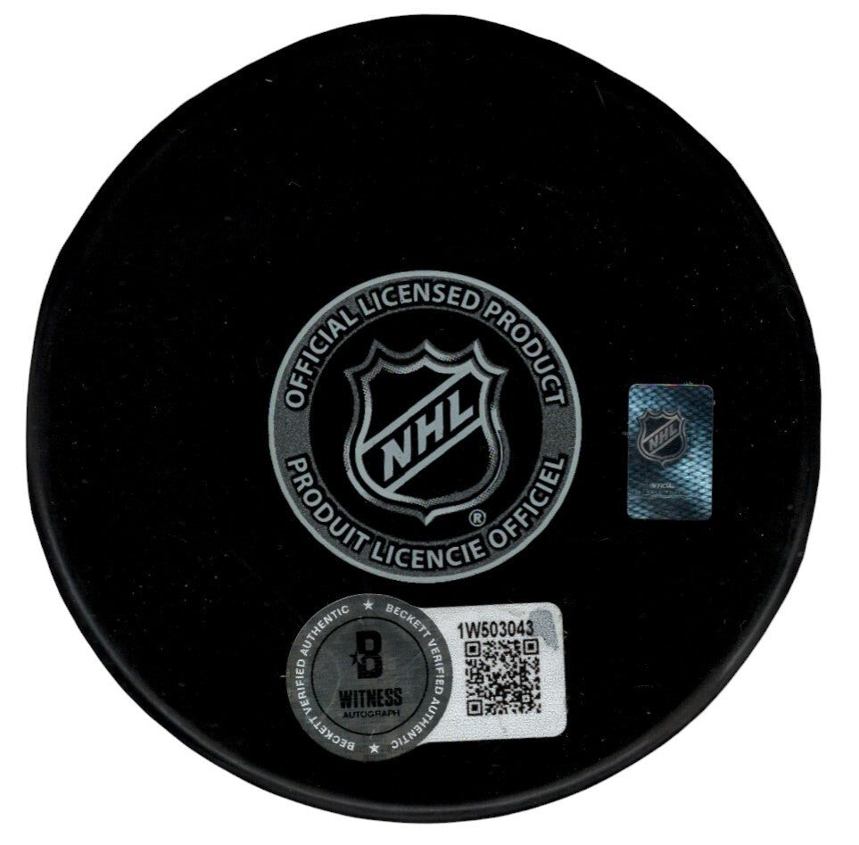 Jean Ratelle Signed Boston Bruins Puck w/ HOF 85 Beckett Witness BAS COA1