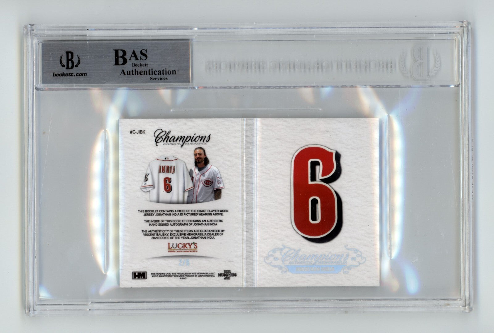 Jonathan India 2021 Hits Memorabilia Champions Letter Patch Auto Booklet #/6 BGS3