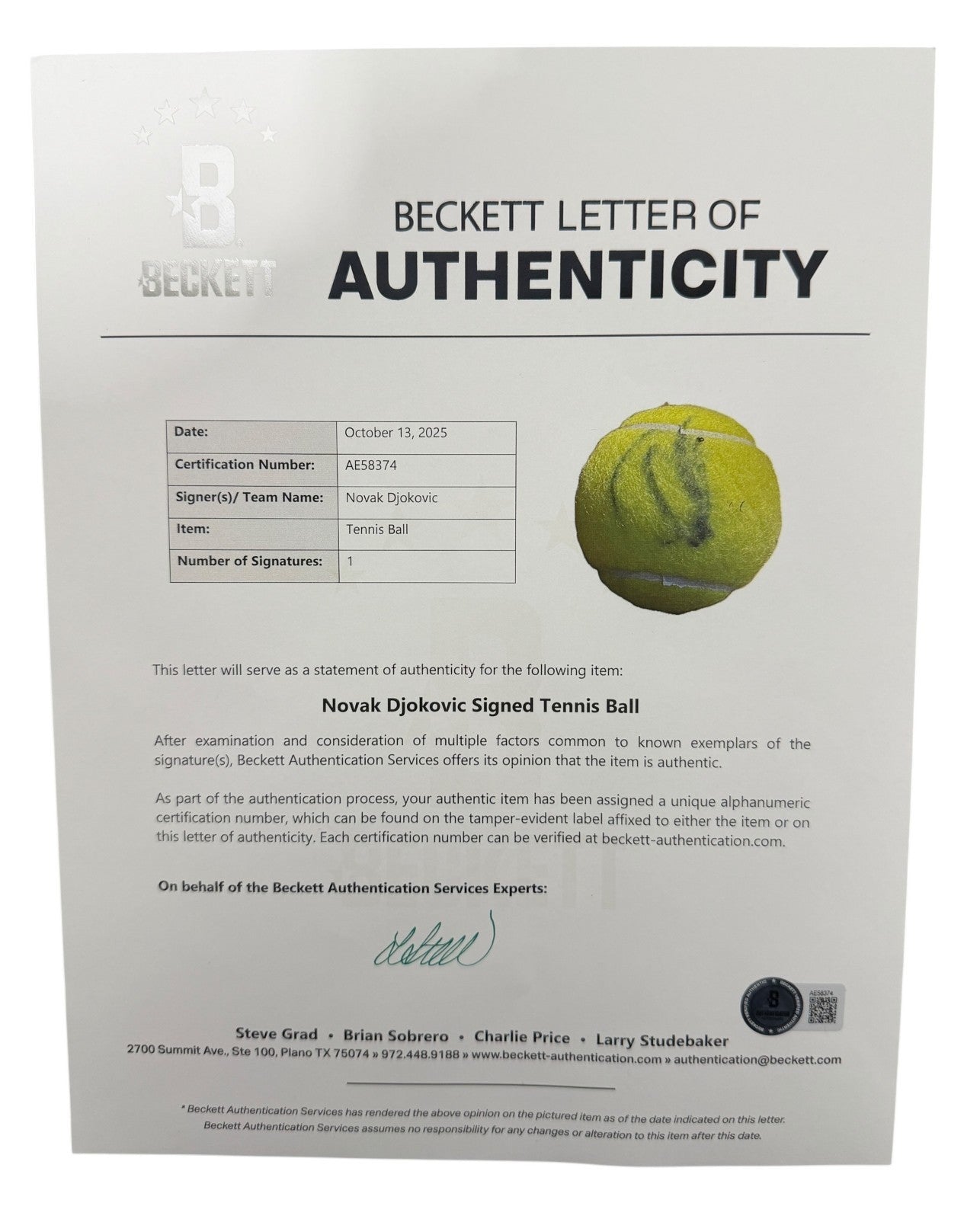 Novak Djokovic Signed Autographed Wilson US Open Tennis Ball Beckett BAS COA A2