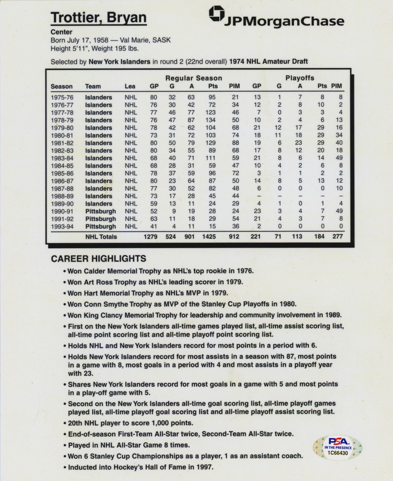 Bryan Trottier Signed Autographed SGA 8x10 Photo w/ #19 Retired PSA ITP COA1