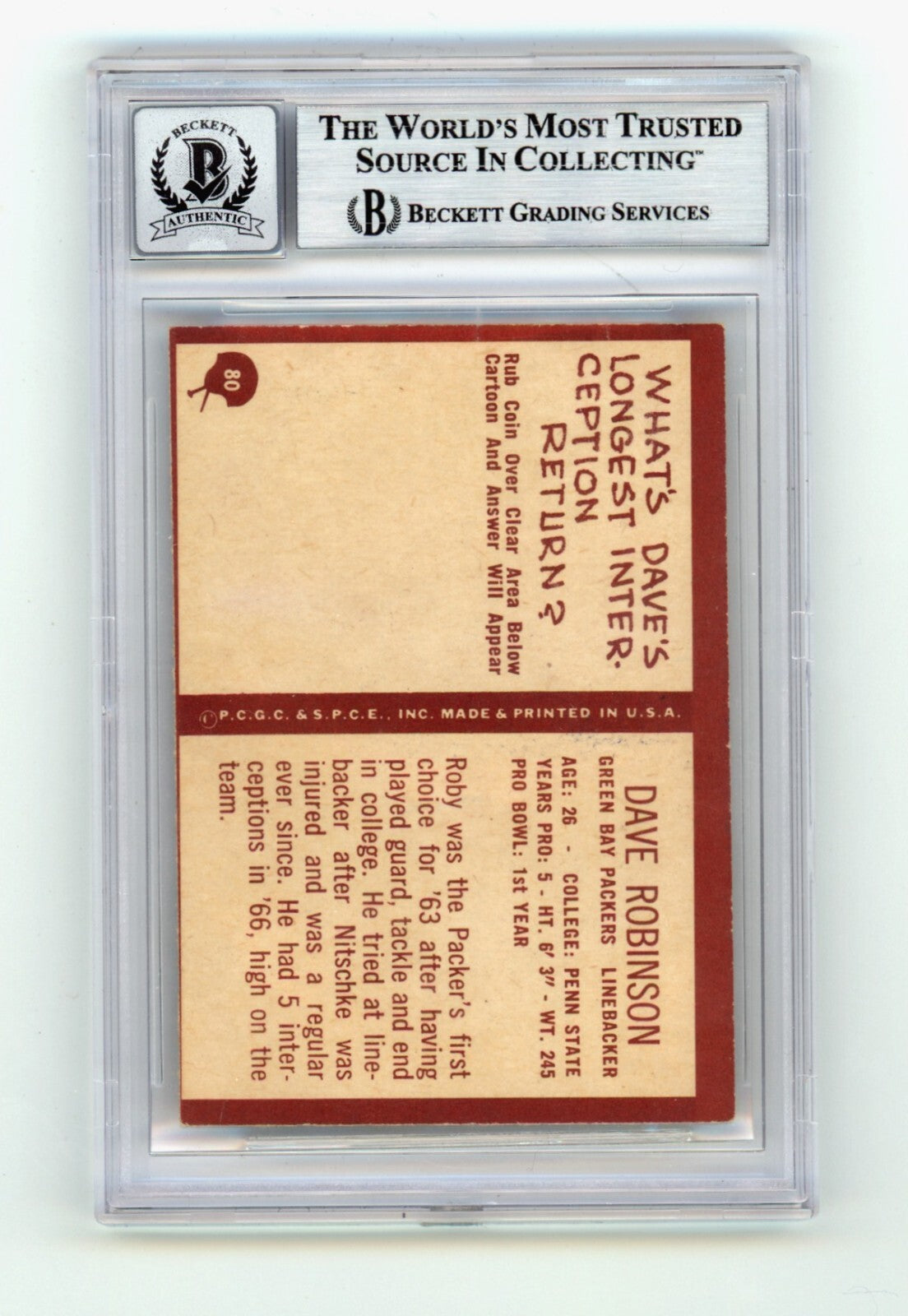 Dave Robinson 1967 Philadelphia #80 Signed Rookie RC w 3 Insc HOF BGS 10 Auto D1