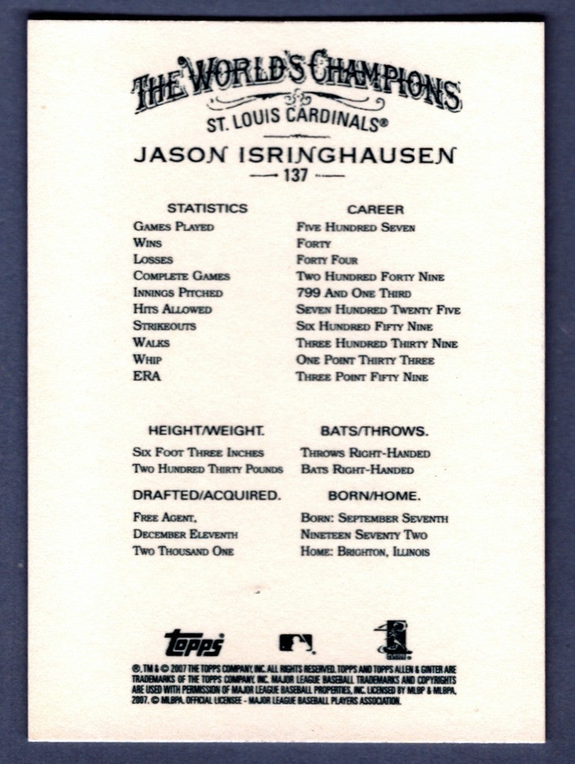 Jason Isringhausen Signed Autographed 2007 Topps Allen & Ginter #137 LSCM COA1