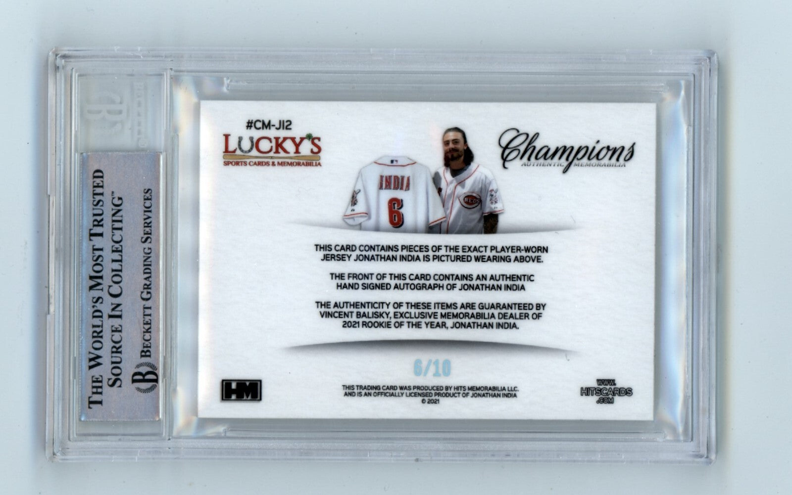 Jonathan India 2021 Hits Memorabilia Champions Patch Dual Auto RC #6/10 BGS BAS1