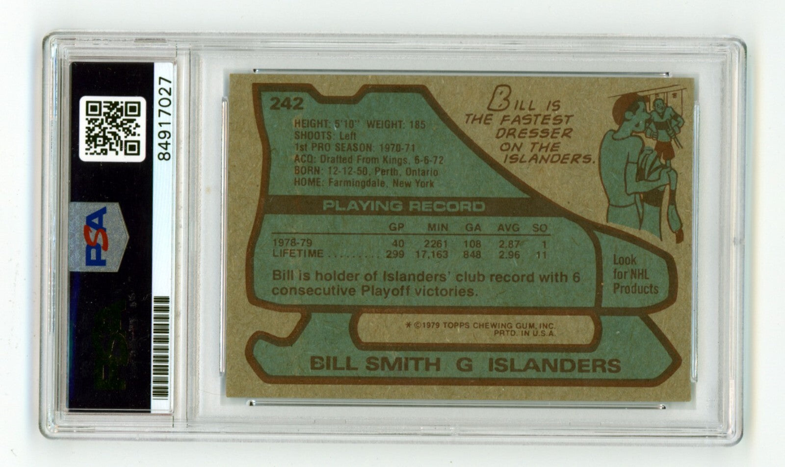 Billy Smith 1979-80 Topps #242 Signed PSA Authentic Auto Blue Islanders HOF1